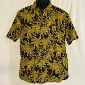 H&M L.O.G.G. Palm Tree Button Up Shirt Mens Medium Black Yellow Tropical Print